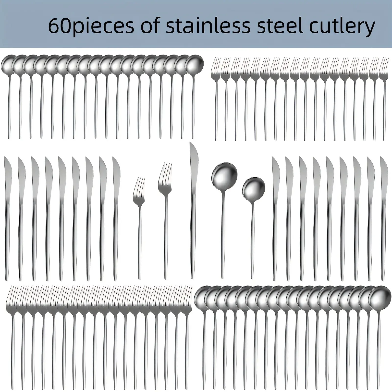 60-Piece Portuguese Silverware Set, Suitable for Serving 6 or 12 People, Includes Steak Knives, Salad Forks, Dessert Spoons, for Kitchen, Weddings, Parties, Birthdays, Restaurants, Dishwasher Safe, Halloween Party Gift