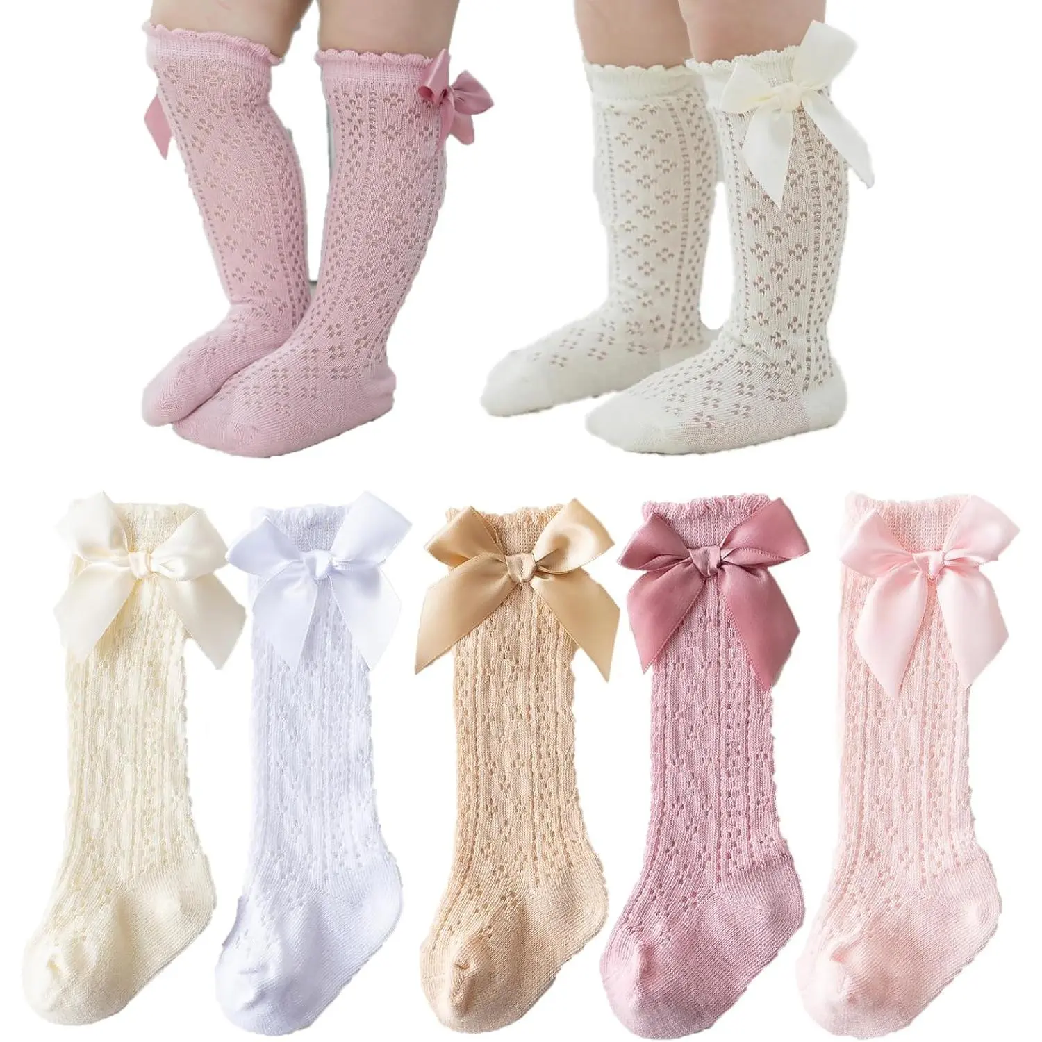 5-Pack Baby Girl Dress Socks, Knee High Breathable Mesh with Bow Embroidery for Infants & Toddlers, Mesh Fabric, 0-12 Months, 5-Pack Twist, Bowknot, Fast Shipping, Affordable Prices, Embriodered, Easy Support, 5 Colors Bow