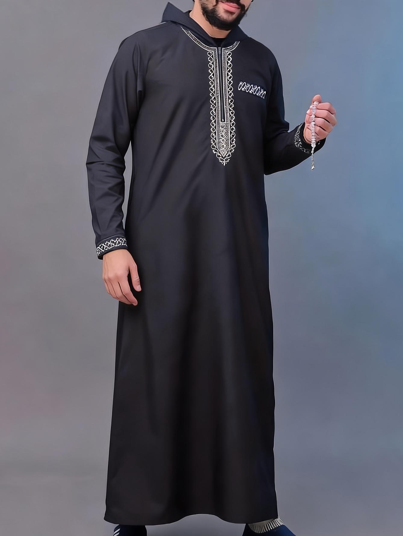 Men'S Middle Eastern Hooded Long Robe |   Vintage Style, Non-Stretch Fabric, Embroidered Details, Solid Color, Long Sleeve