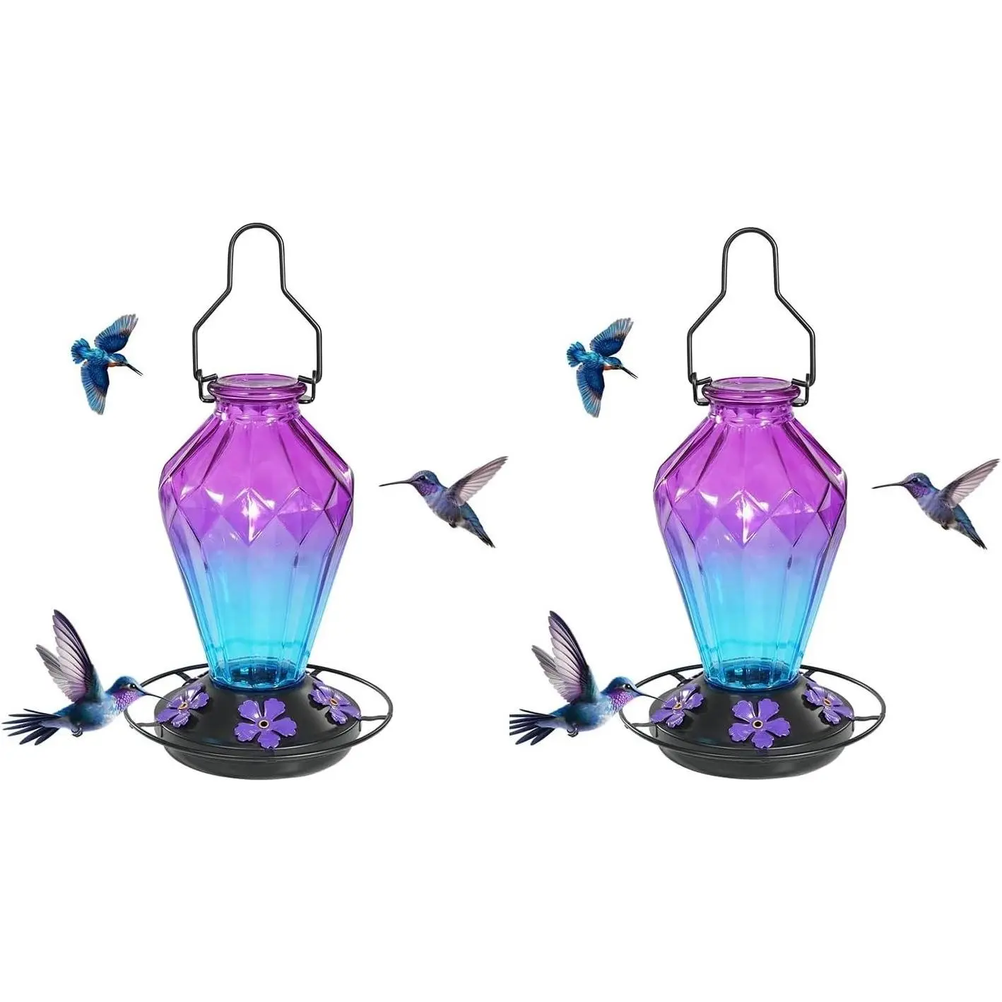 2 Pack Glass Hummingbird Feeder for Outdoors Hanging, 25oz Nectar Capacity, Perch, 5 Flower Feeding Ports, Leak-Proof Base, Hook for Garden Backyard, Diamond PurpleGift
