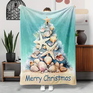 1Pc Christmas Flannel Blanket, Christmas Tree Blanket, Soft, Warm, And Cozy Shell, Conch, Starfish Pattern Sofa, Bed, And Office Blanket, Small Throw Blanket, Nap Blanket, Halloween And Christmas Gift