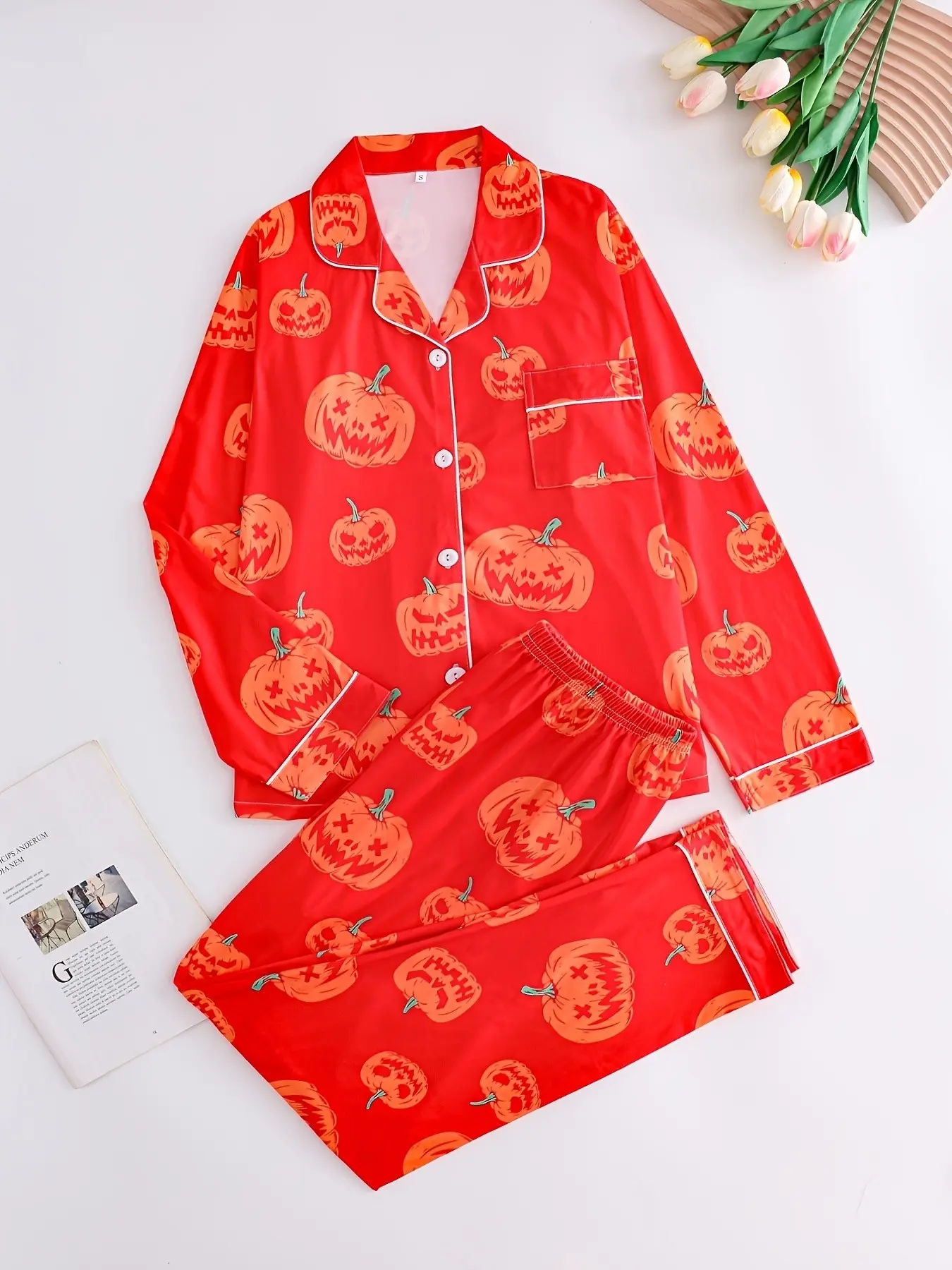 Women's Halloween Pajama Set, Cartoon Pumpkin Face Print, Smooth Satin Fabric, Long Sleeve Top and Pants, Cute Fitted Sleepwear