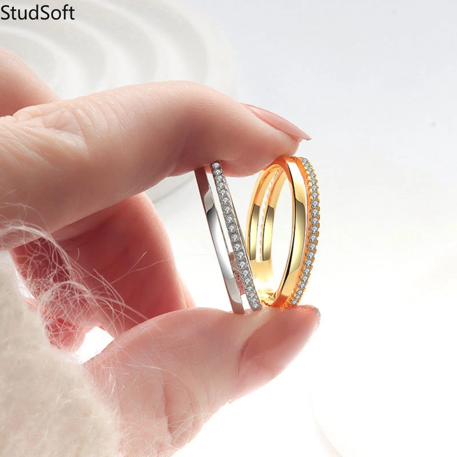 Women Gold Silver Ring Set Double Layer Eternity Band Fashion Cubic Zirconia Minimalist Adjustable Promise Jewelry Cute Birthday Gift for Her Girlfriend, Promise Ring, Adjustable Size