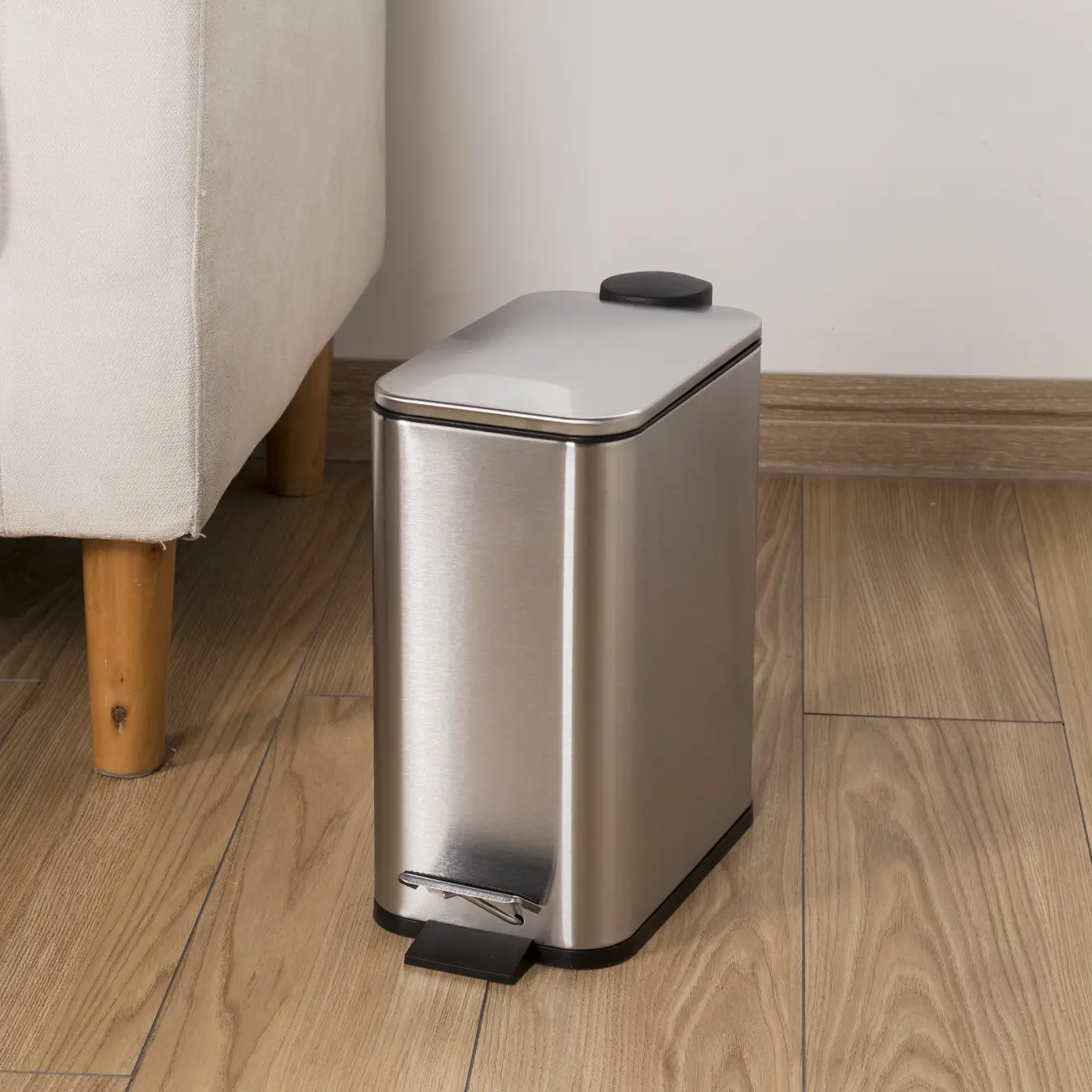 5L Stainless Steel Trash Can, Thin Lid, Rectangular Shape, Suitable for Living Room, Kitchen, Bedroom, Foot Pedal Opening