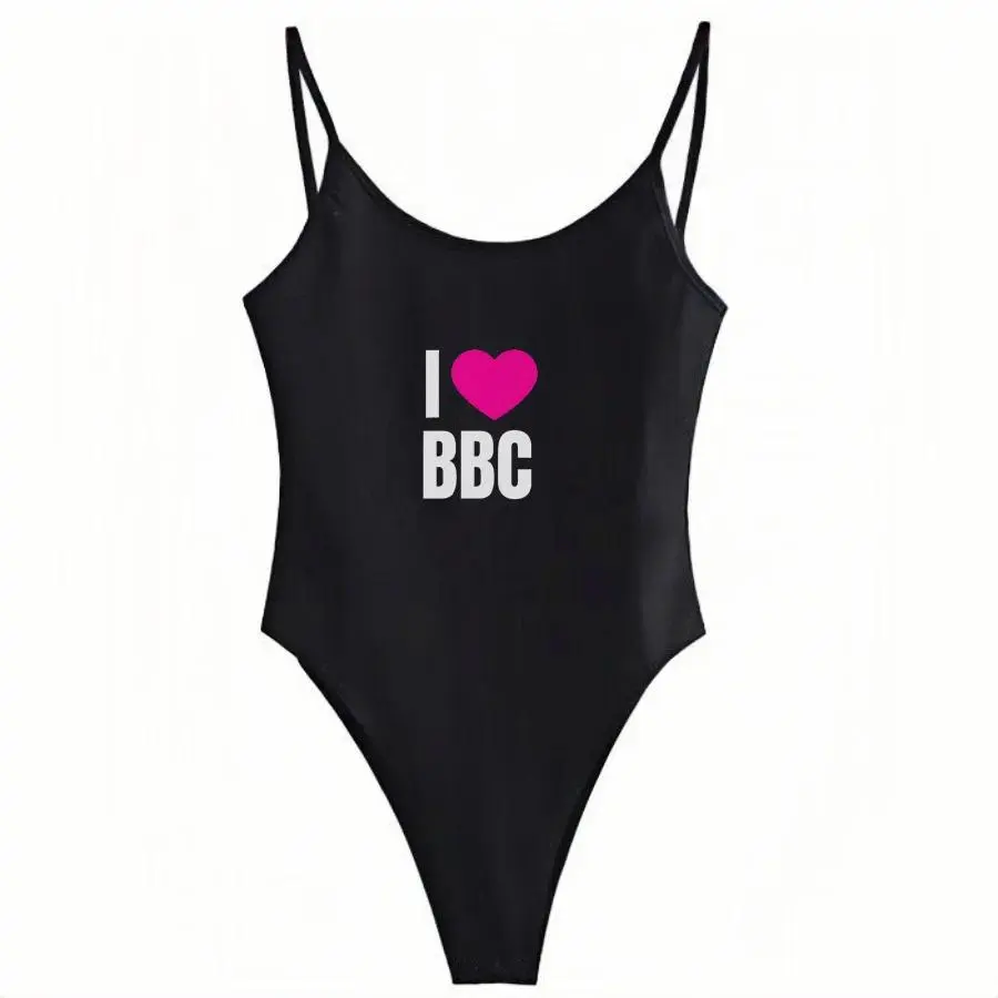 Women's I Love BBC Digital Print Cami Bodysuit - Sleeveless, Double-Lined, Slim Fit, Stretchy Thong Tank Top for Women's Clothes, Daily, Casual, Chic Wear