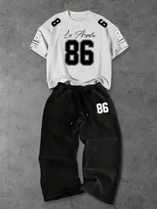 Classic Color 86 Number Print Tee + Pants Set, Streetwear Fashion, All Season Fitted Clothing, Plain Surface Design