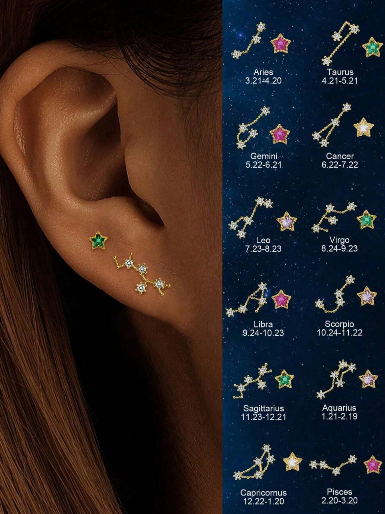 925 Sterling Silver Fashion Star & Twelve Constellation Design Stud Earrings, Asymmetric Earrings, Jewelry for Party, Daily Decor, Trendy All-match & Exquisite Jewelry for Birthday Gift