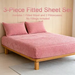 Must-Have Raised Grid Textured Plush 3 Piece Bedding Set, Gentle Warm Fitted Sheet With Matching Pillowcases, Anti-Slip Tight Fit Mattress Cover, Trendy Comfort Bed Linen For Chilly Weather Rest
