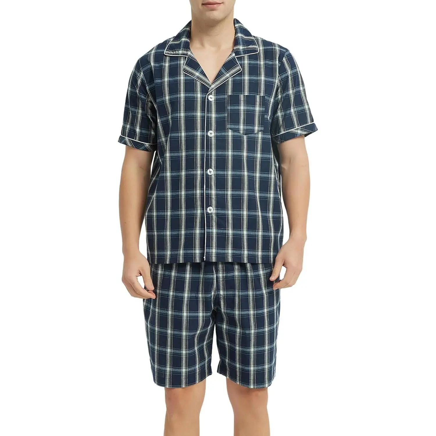 Mens Cotton Pajama Set Short Sleeve Lightweight Sleepwear | Soft 100% Cotton Mens Pajama Set, Breathable Woven Fabric, Front Fly & Deep Pockets for Sleeping, Lounging and Summer Relax.