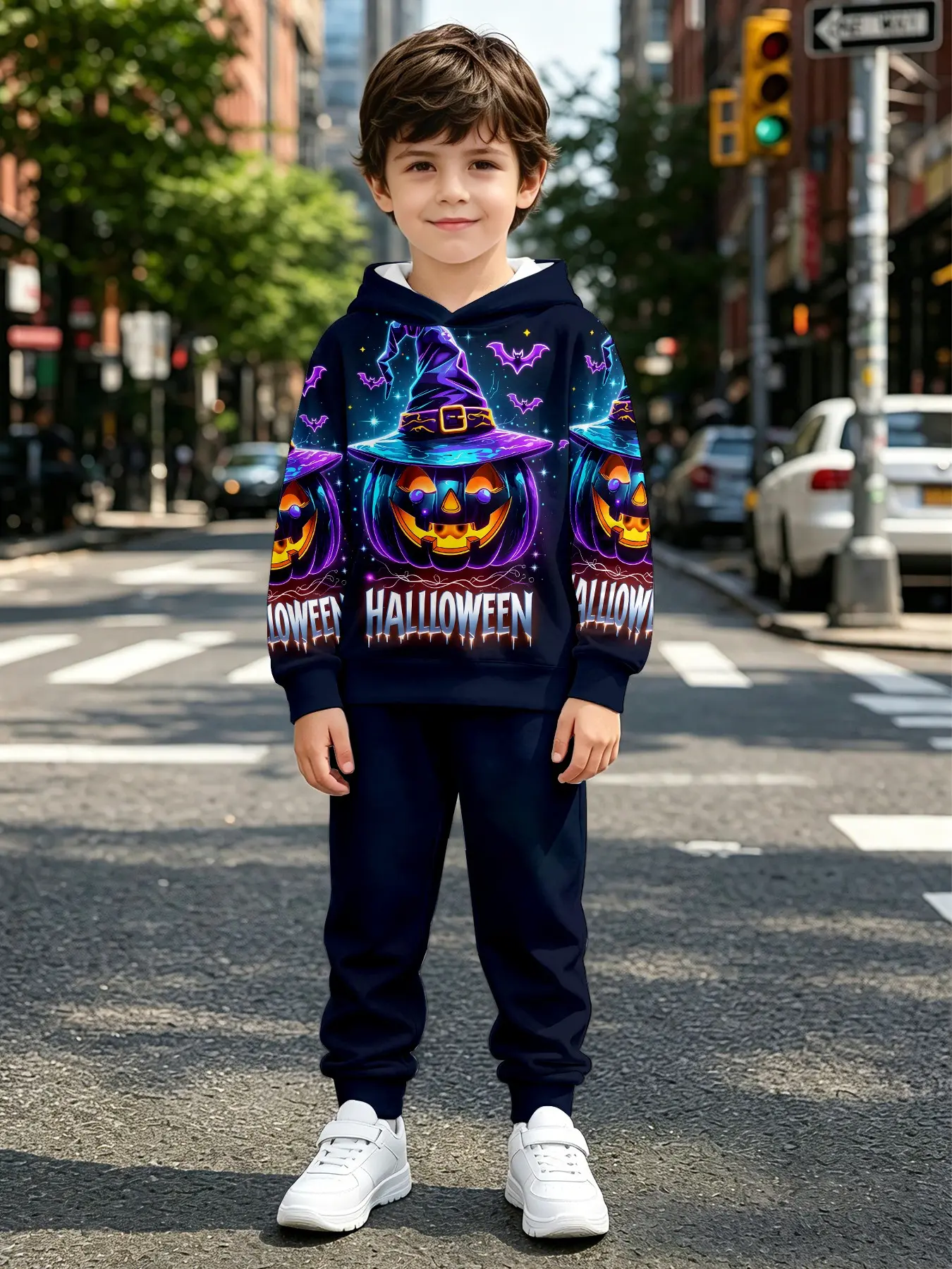 Unisex Halloween Hoodie Set, Glowing Pumpkin Wizard Hat Bat Print, Solid Color Drawstring Sweatpants, Festival Kids
