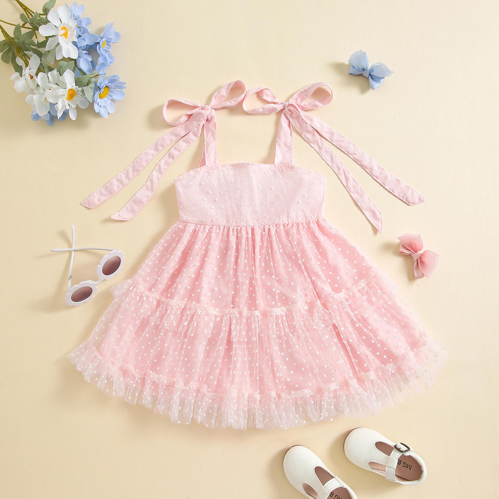 Toddler Baby Girl Princess Boho Dress Sleeveless Spaghetti Strap Swiss Dots Ruffle Tulle Dress Little Girls Summer Outfit