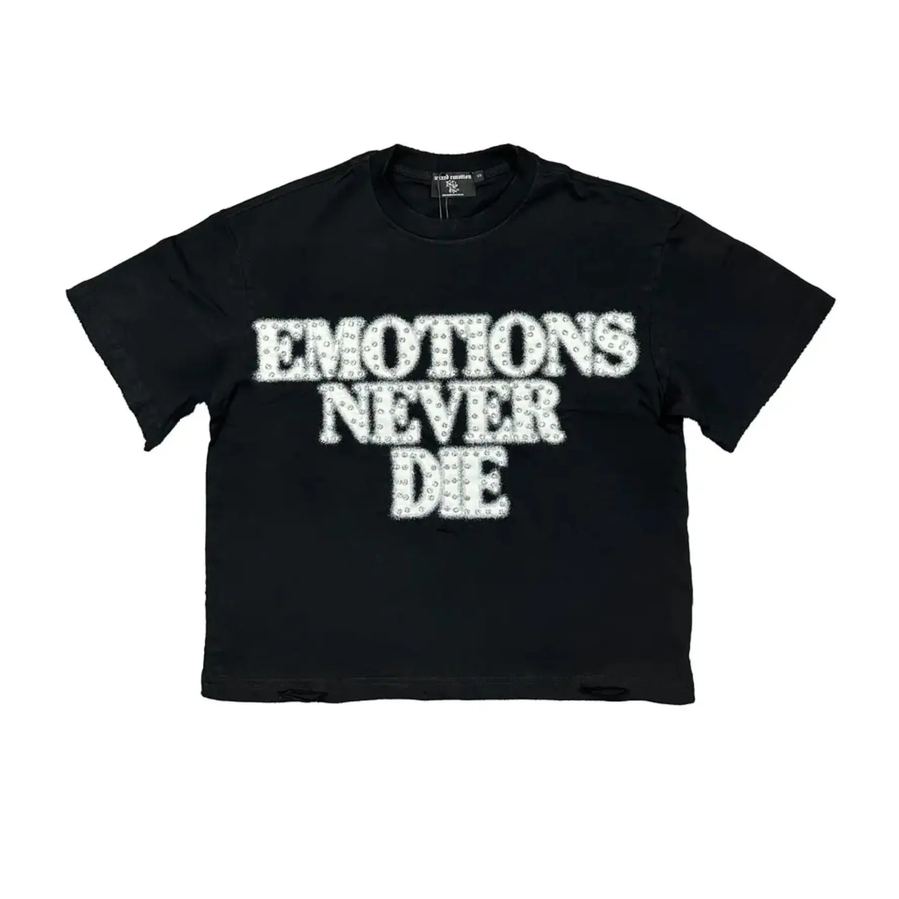 MIXED EMOTIONS Letter Rhinestone Graphic T-Shirt 100% Cotton Loose Oversized Y2K Distressed Hem Black Short Sleeve Tees Autumn Casual Streetwear Top Men Women Unisex