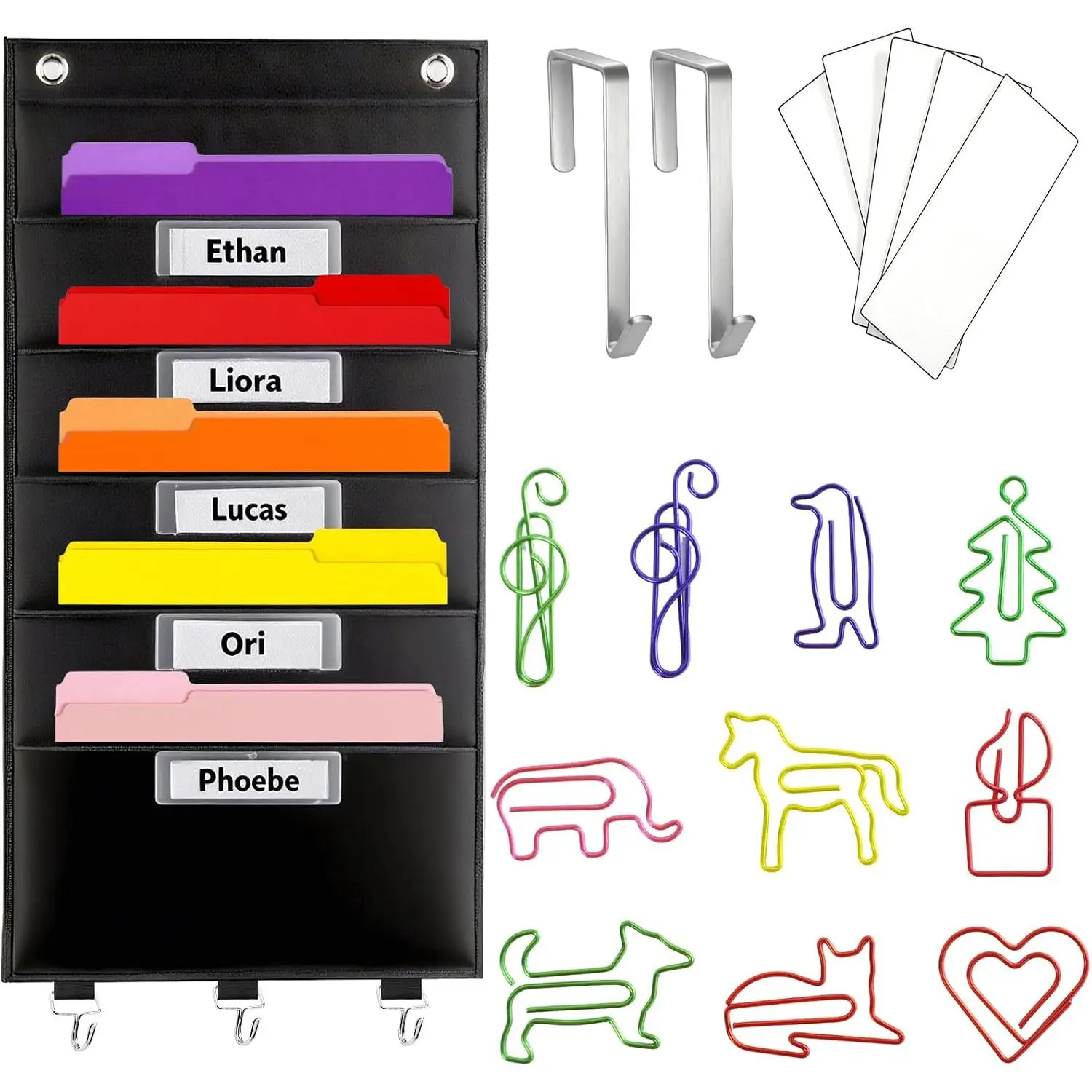 Over the Door File Organizer  Wall Folder Mail Holder with 5 Pocket | Easy Access, Space Saver, Letter-size Capacity, Label Windows, Bottom Hooks for , Idea for Office, Classroom &