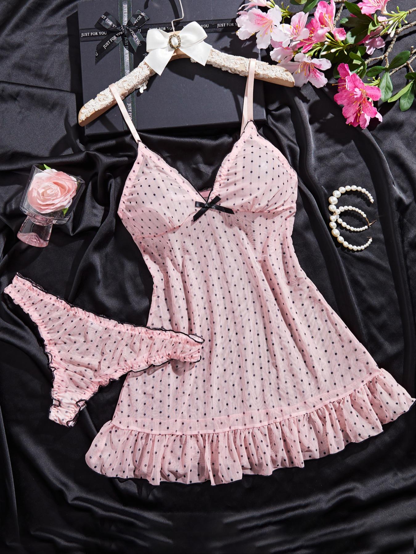 Women's Polka Dot Sheer Mesh Sleepwear Set, Elegant Ruffle Hem Nightgown with Bow Front Decor, Comfortable All-Season Pajamas