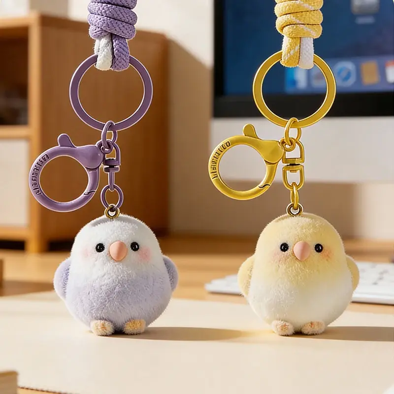 Flocked Bird Pendant Keychain with Lanyard - Phthalate-Free, Durable Small Stuffed Toy Accessory, Cute Cartoon Bag Charm for Everyday Use, No-Battery Birthday Gift for Friends