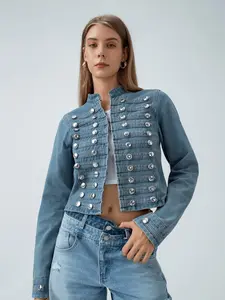 Women's Punk Style Denim Jacket, Stand Collar Metal Buttons, Short Design, Casual Streetwear, Perfect for Daily and Dates