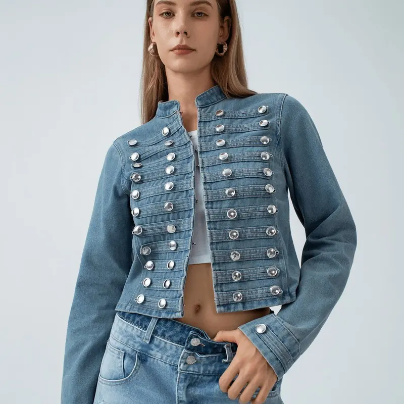 Women's Punk Style Loose Jacket, Stand Collar Metal Buttons, Short Design, Casual Streetwear, Perfect for Daily and Dates, Casual Fall Jacket