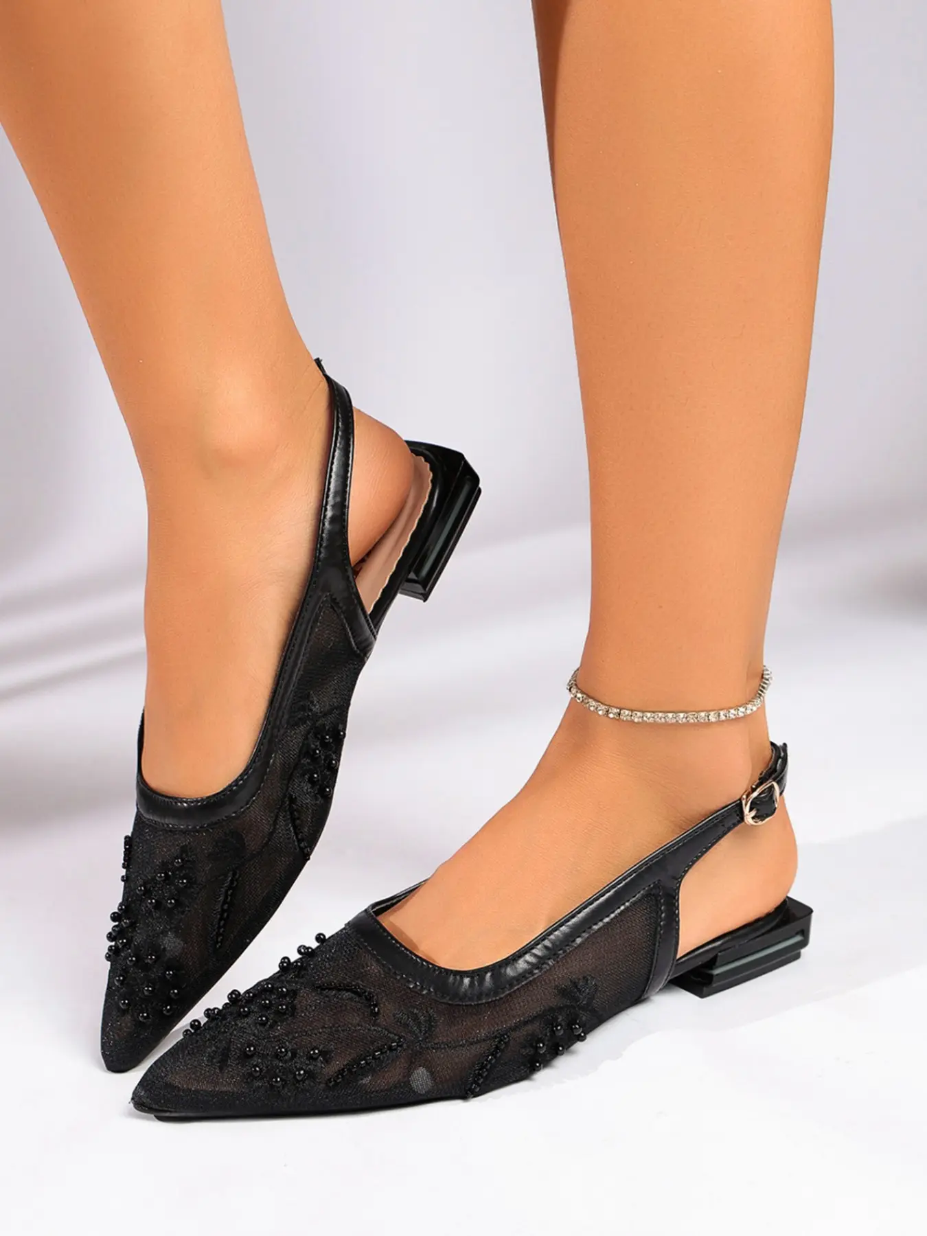 2026 New Plus Size Women's Shoes Champagne Chinese Style Embroidery Mesh Pearl Pointed Thin Heel Backless Cover Toe High Heel Wedding Shoes French Lace New Chinese Gentle Temperament Skirt Matching Women Casual Flats Sandals