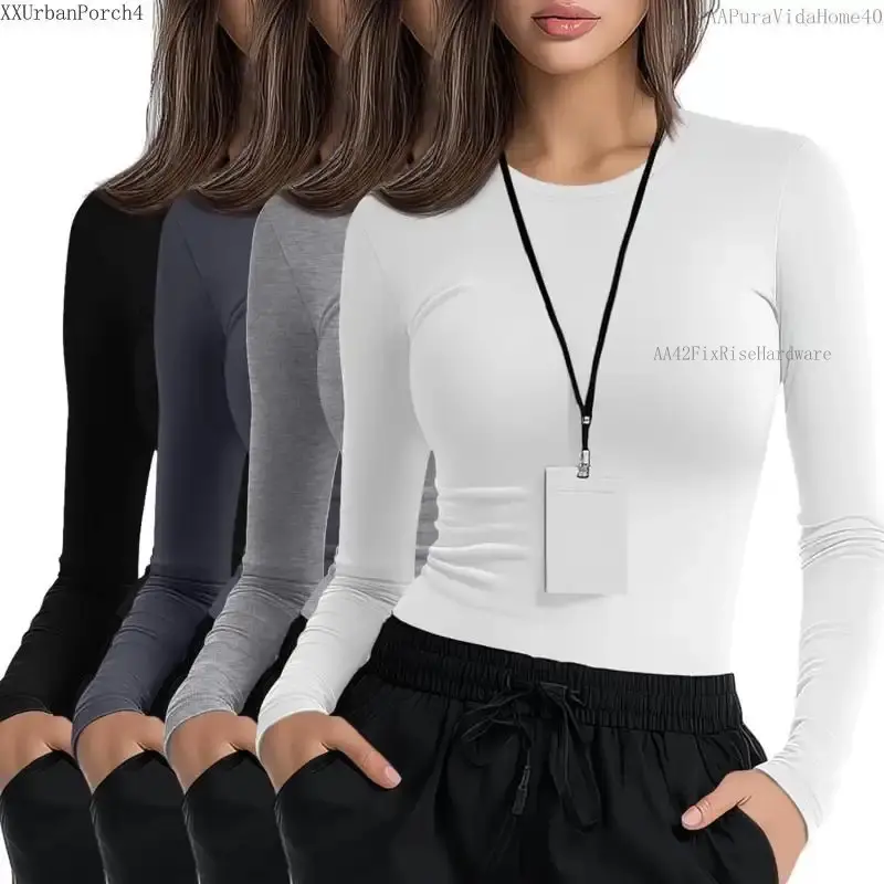 4 Pack Women's Underscrub Shirts Long Sleeve Nurse Cotton Blend Crewneck Slim Fit Tops Soft Stretchy Basic TeeAAPuraVidaHome40XXUrbanPorch4AA42FixRiseHardware