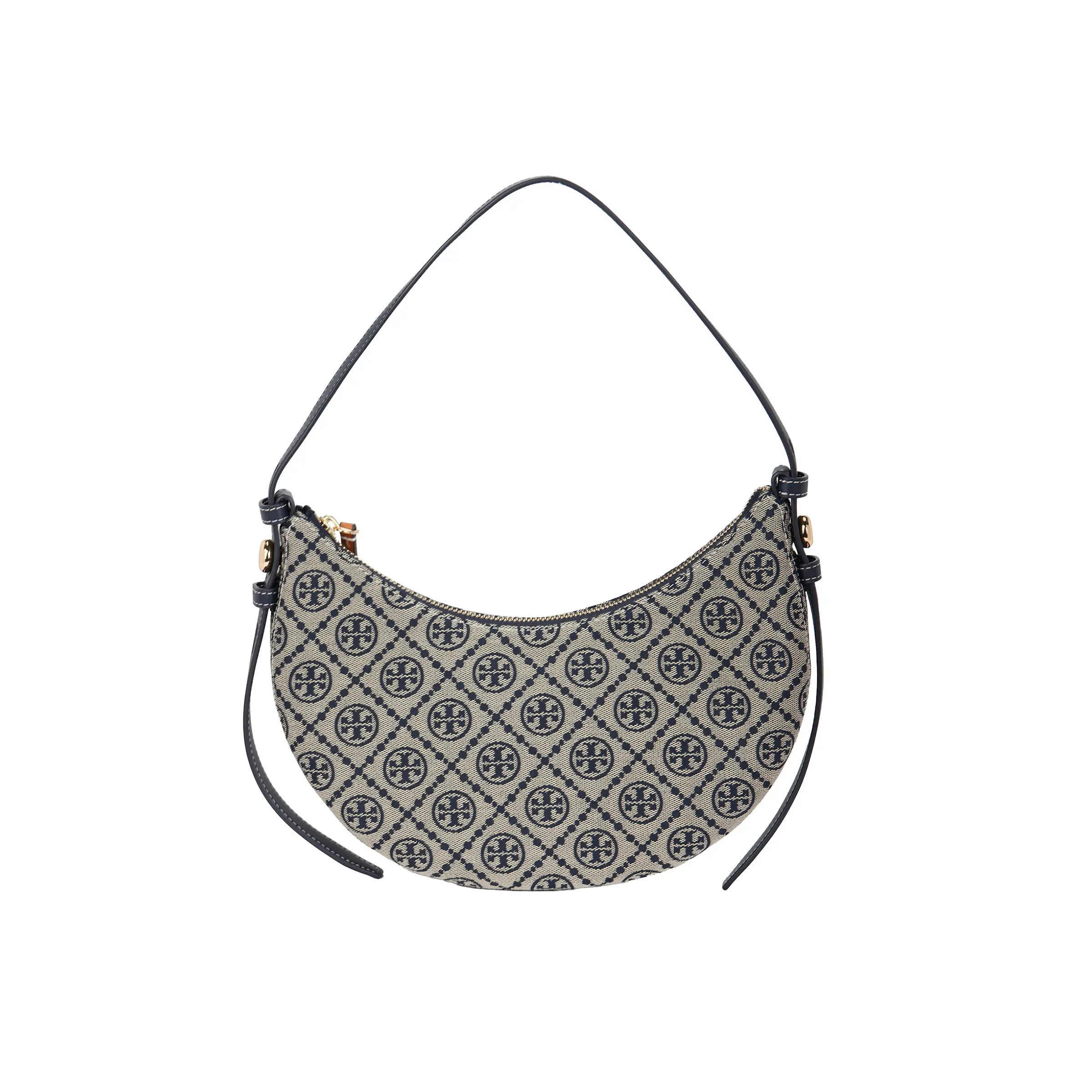 Tory Burch RomyT Monogram Crescent Crossbody Bag for Women, Navy Blue
