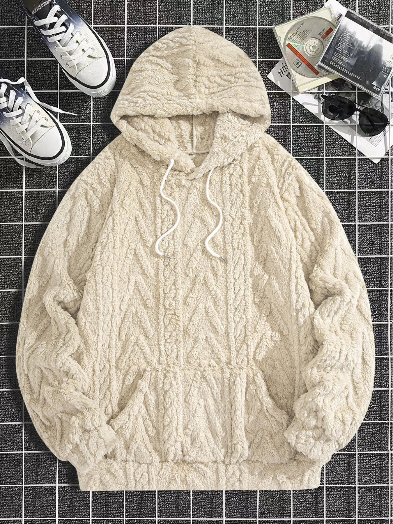 Men's Solid Cream Cable Twist Fluffy Fleece Hoodie, Cozy Drawstring Hooded Sweatshirt, Relaxed Warm Pullover for Home Sleep Travel