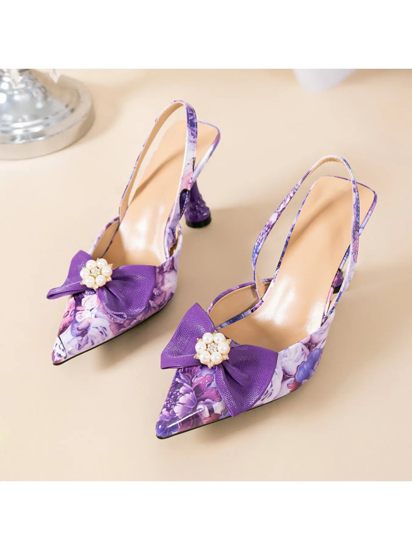 Elegant Purple Flower Print Slingback Stilettos Bow Embellished Pointed Toe High Heels for Wedding Club Sandal Women Bowknot Heels