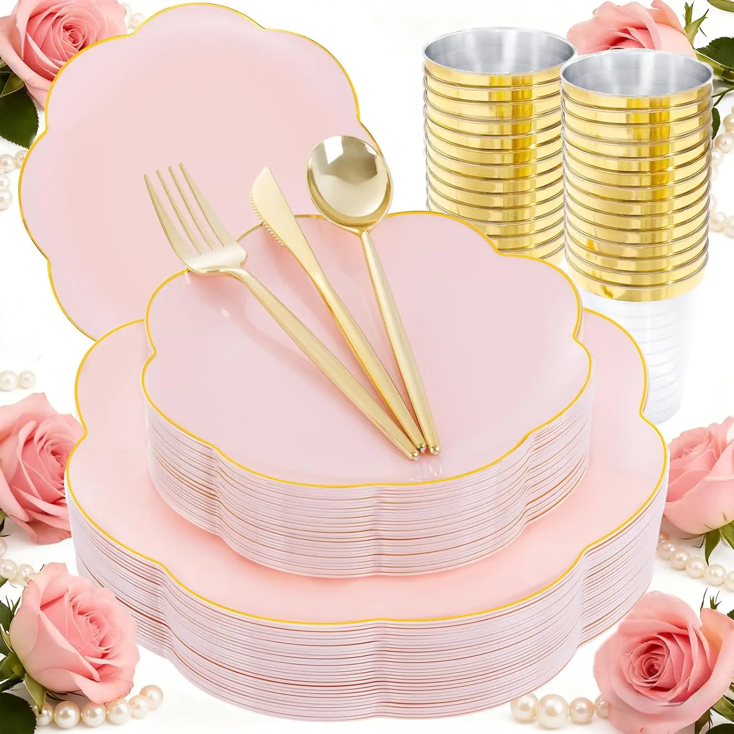 EI 180 count  Plastic Plates with  Plastic Silverware,Party Plates Disposable, Dinnerware Set for Afternoon ,Wedding,Birthday,Easter,Spring,Mother's Day,Valentine's Day