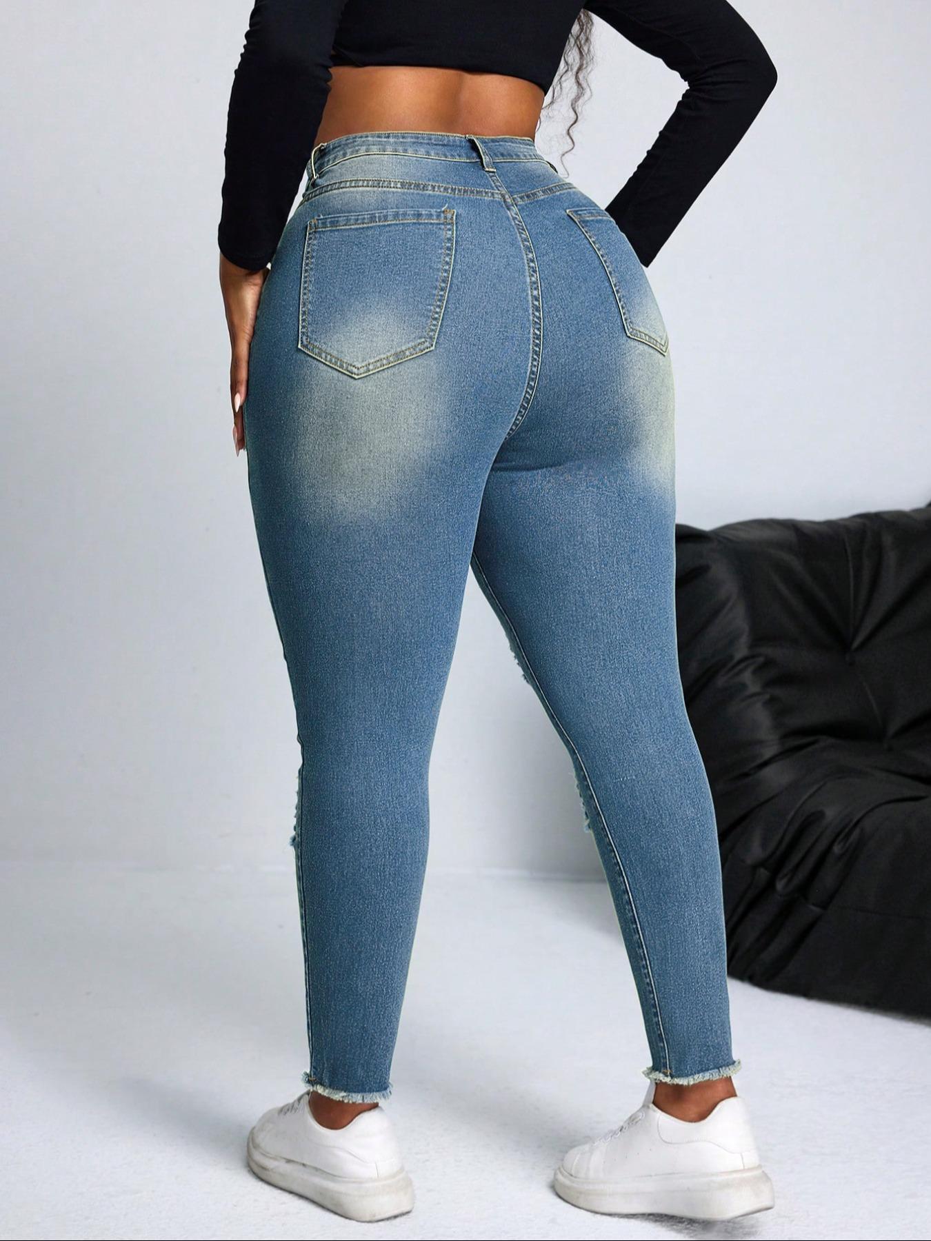 【Plus Size】 Denim Ripped Jeans, Casual Comfy Slim-fitting Skinny Pants for Daily Wear, Women's Bottoms for Summer, Streetwear