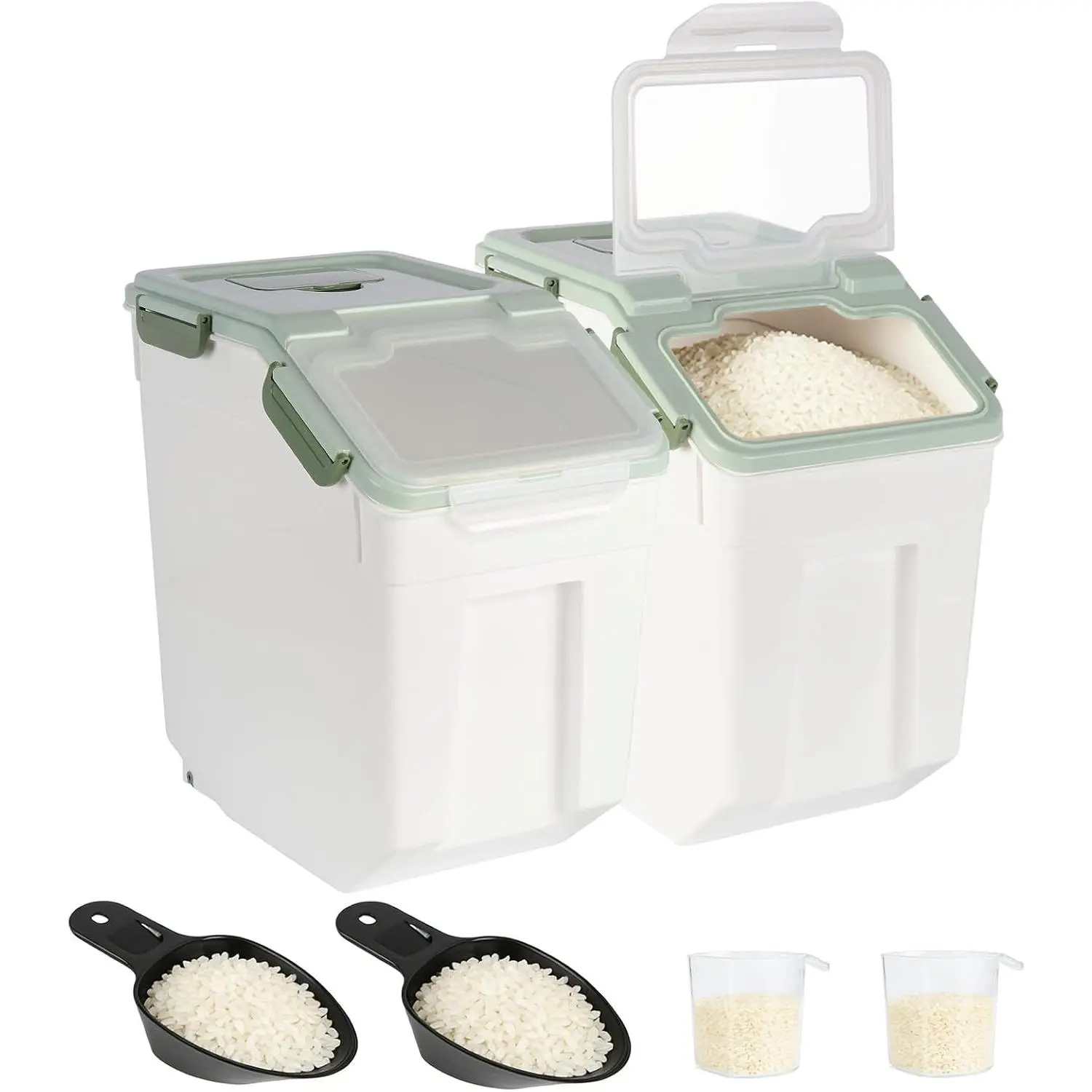 2 Pack Rice Container 25 lbs Large Bulk Flour Sugar Storage Holdhouse Plastic Grain Cereal Dry Goods Bin with Spoon and Measuring Cup for Kitchen Pantry Organization - Green