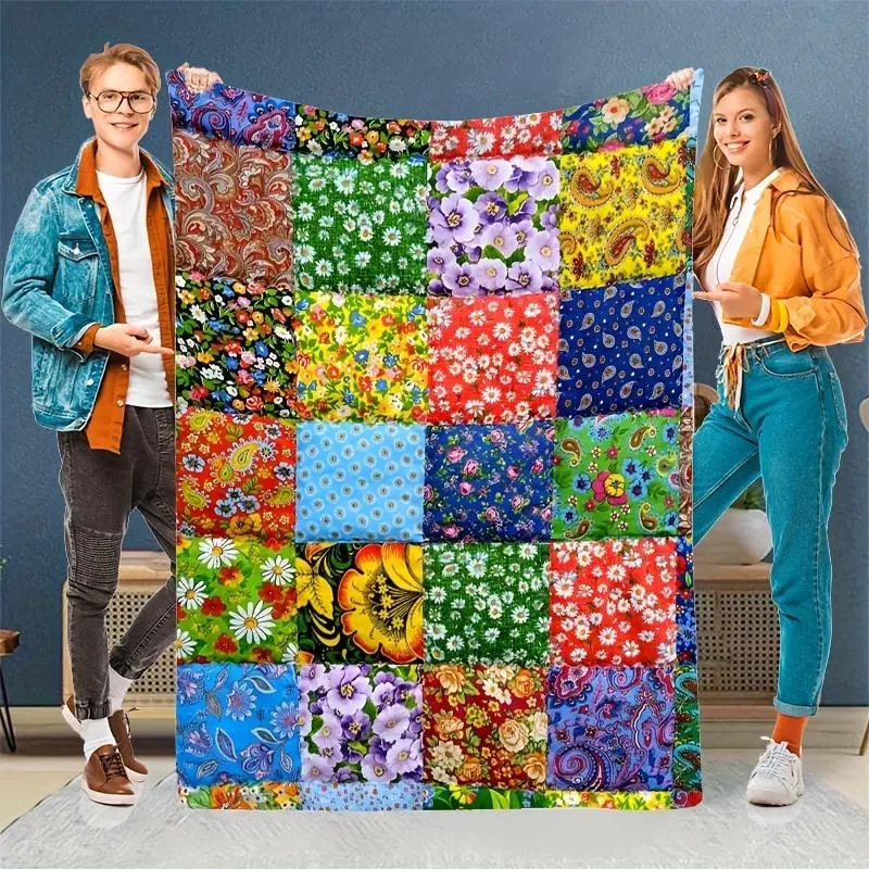 Colorful Floral Patchwork Polyester Fleece Flannel Throw Blanket - Anti-Pilling, All-Seasons, Soft for Rustic Farmhouse Decor & Camping, Cozy Home Decor Gift for Bohemian Mandala Western Style