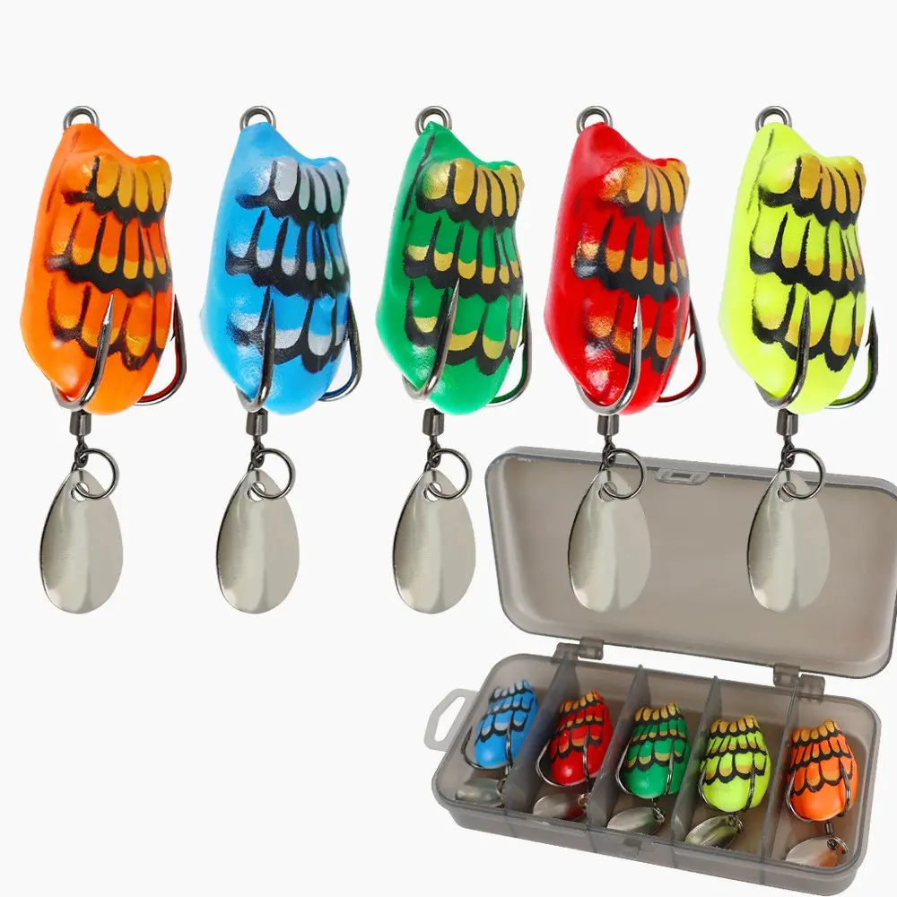 5pcs Frog Lure Set with Adjustable Weight, Mini Realistic Soft Plastic Lures, Noisy Metal Plate, Ideal for Bass Fishing