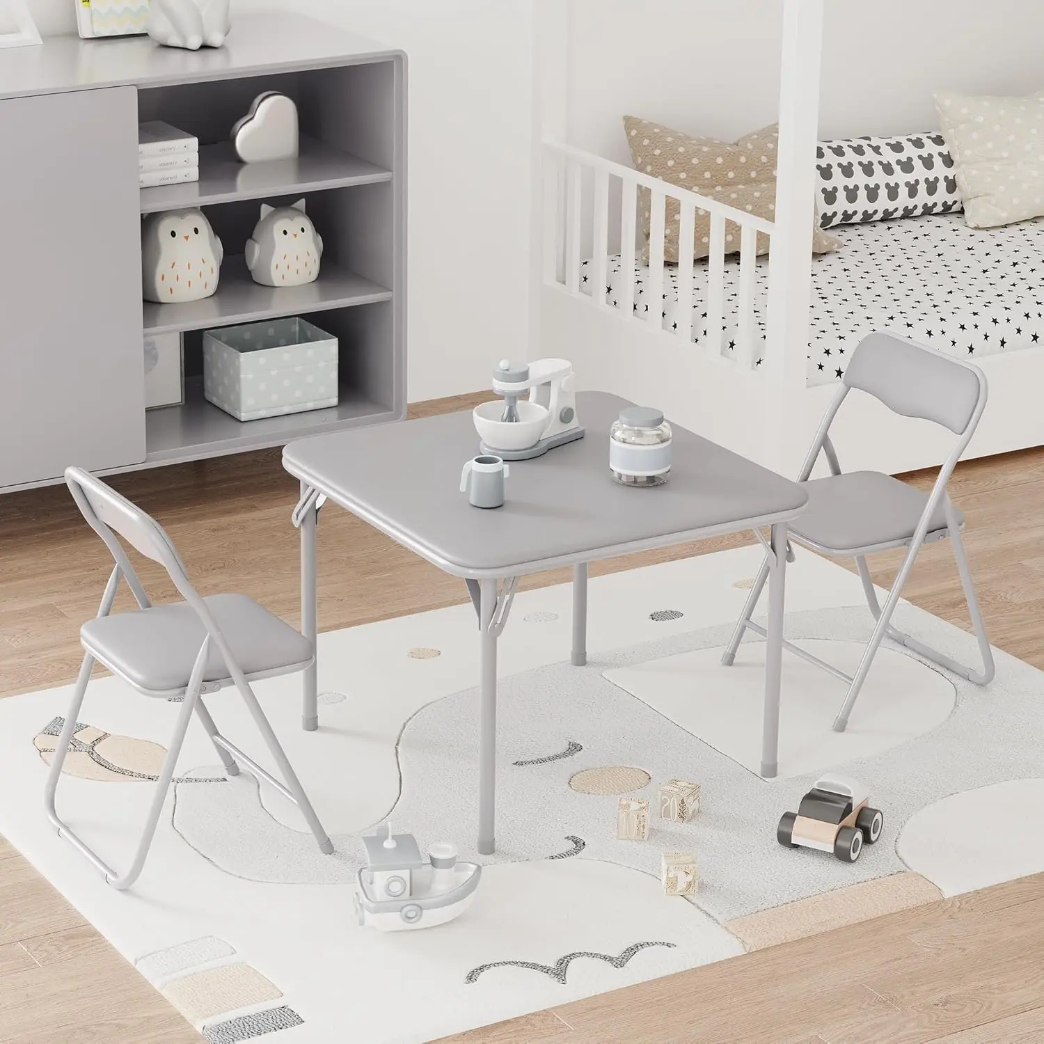 3-Piece Kids Folding Table and Chair Set -  Folding Table and Chairs Set of 3, Portable Table and Chair with Pu Soft Cushion,Suitable for Eating,Reading and Playing - Boys & Girls, Grey/Beige/Black