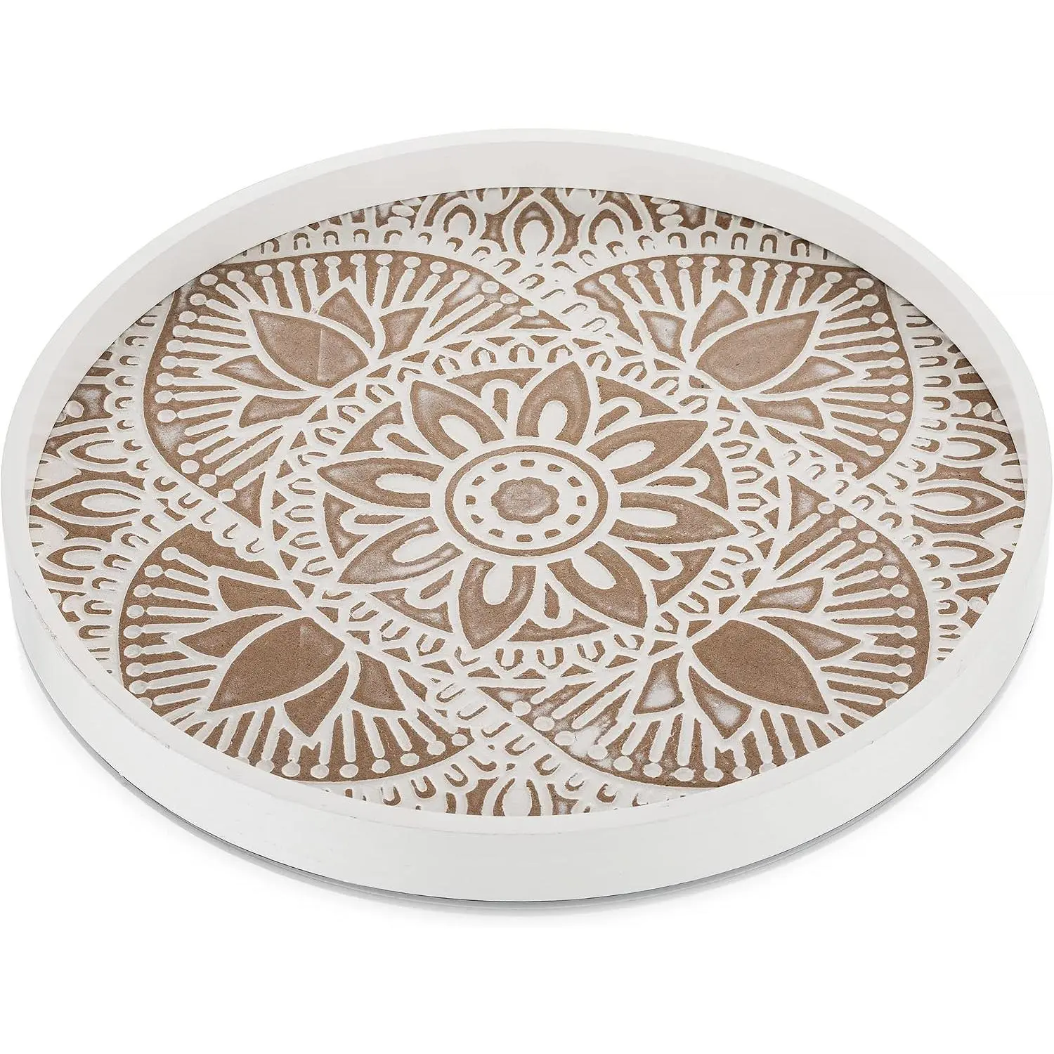 Decorative Serving Tray Round:  Coffee Table Decor Boho White Mandala Trays for Living Room Kitchen Bathroom Display