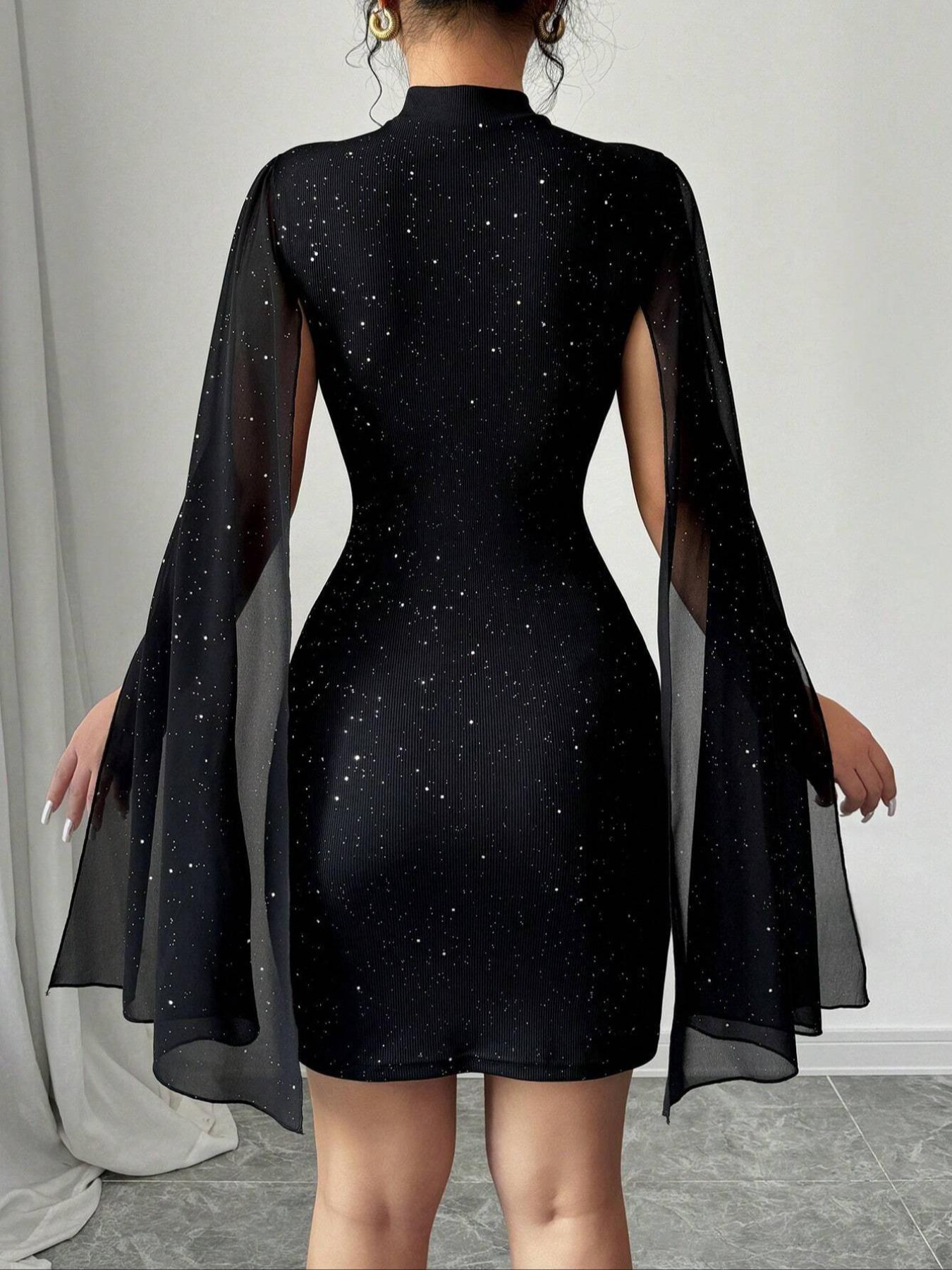 Spring & Fall Fashion Sexy Mini Bodycon Dress, Shawl Mesh Design, Cape Sleeves, Sparkling Sequins, Trendy Party Gown