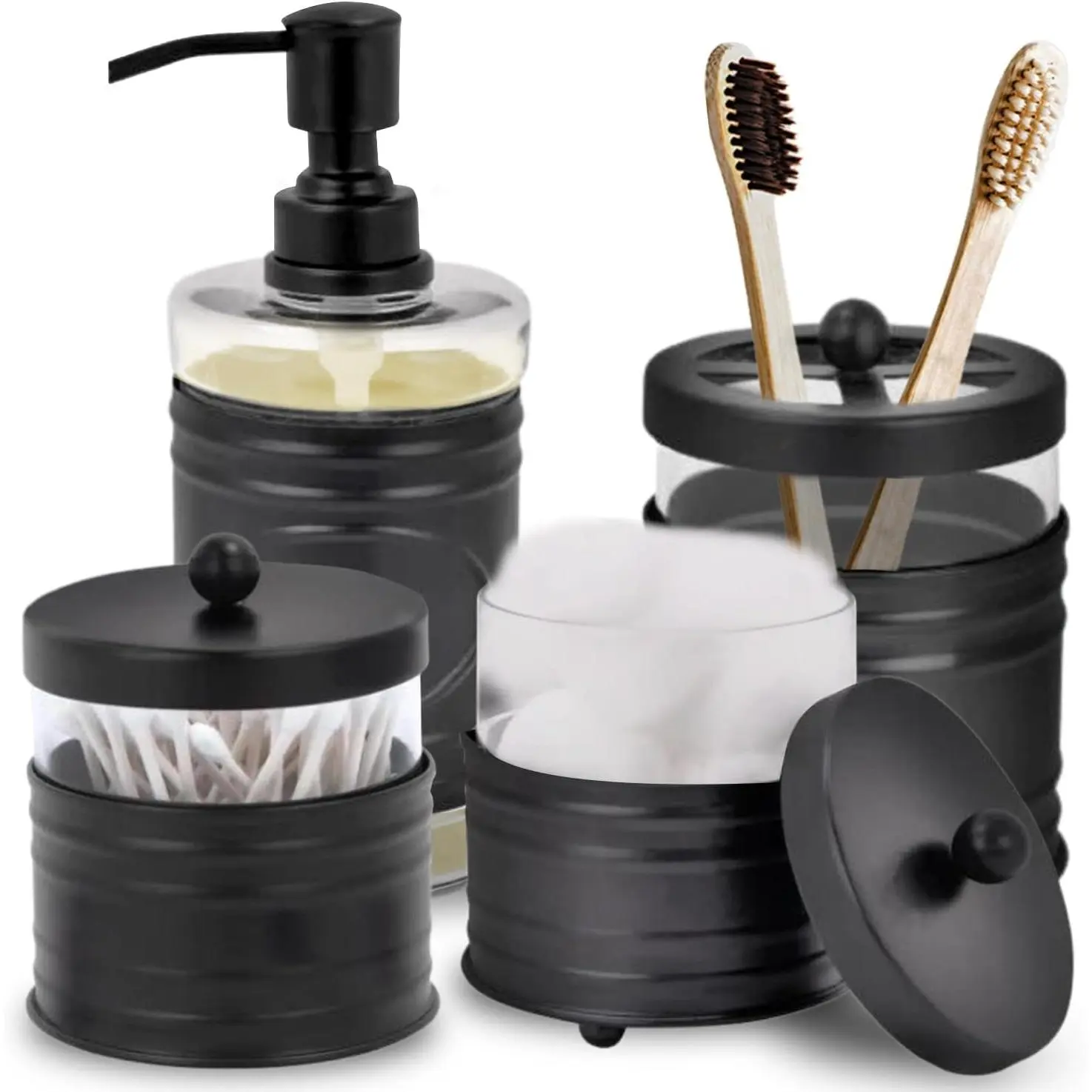 Farmhouse Matte Black Bathroom Accessories Set (4 PCS) - Lotion Soap Dispenser, Black Toothbrush Holder Set, 2 Glass Apothecary Jars (Qtip Holder) - Rustic Bathroom Accessories Set