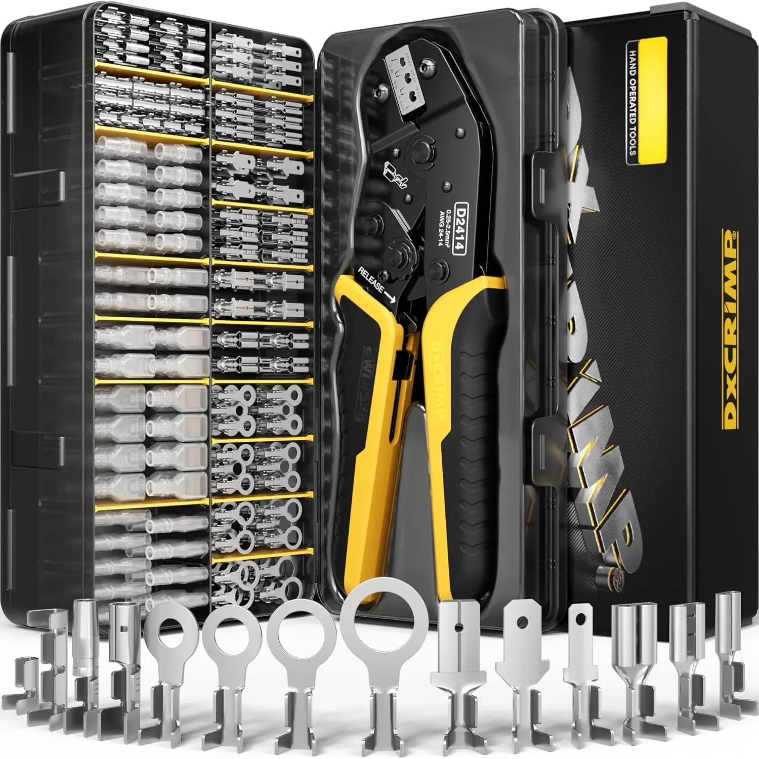 Crimping Tool Kit, 14-Type Open Spade & Quick-Disconnect Connector Set (2.8/3.9/4.8/6.3 mm) Non-Insulated Brass Terminals, 24–14 AWG Ratcheting , for Automotive, Marine, Appliance, DIY