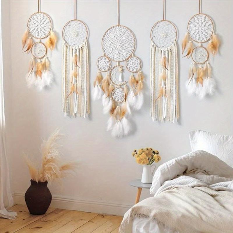 Boho Style Dream Catcher, 5 Counts/set Moon & Sun Feather Design Hanging Dream Catcher, Wall Hanging Decor, Art Wall Decoration for Home Living Room Bedroom