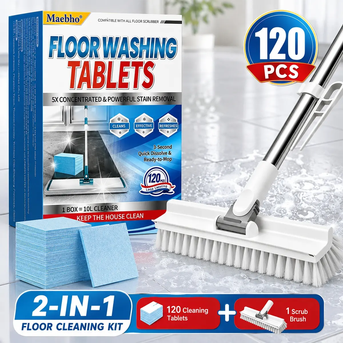 120Pcs Floor Cleaning Tablets & 1Pcs Scrub Brush Set, Powerful Stain Remover Floor Cleaner Kit, Deep Cleaning Tool for Kitchen Bathroom Floors, Ideal for Homeowners