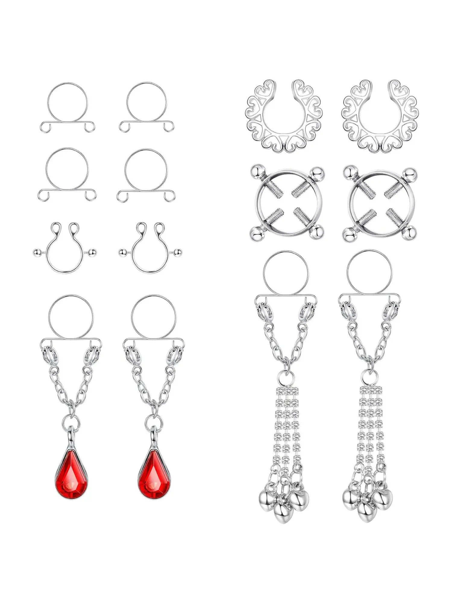 14 Pcs Gothic Adjustable Nipple Clamp Piercing Ornament Multipack for Women Men Durable 316L Stainless Steel Zinc Alloy Body Jewelry Adjustable Spring Screw Tightening Design Multi-Style Non-Pierced Nipple Clamp Bundle for Body Modification Enthusiasts