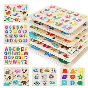 Wooden Toddler Puzzles Eco-Friendly Animal Patterns Jigsaw With Handles - Infant Kid Fine Motor Skill Learning Educational Montessori Toys 