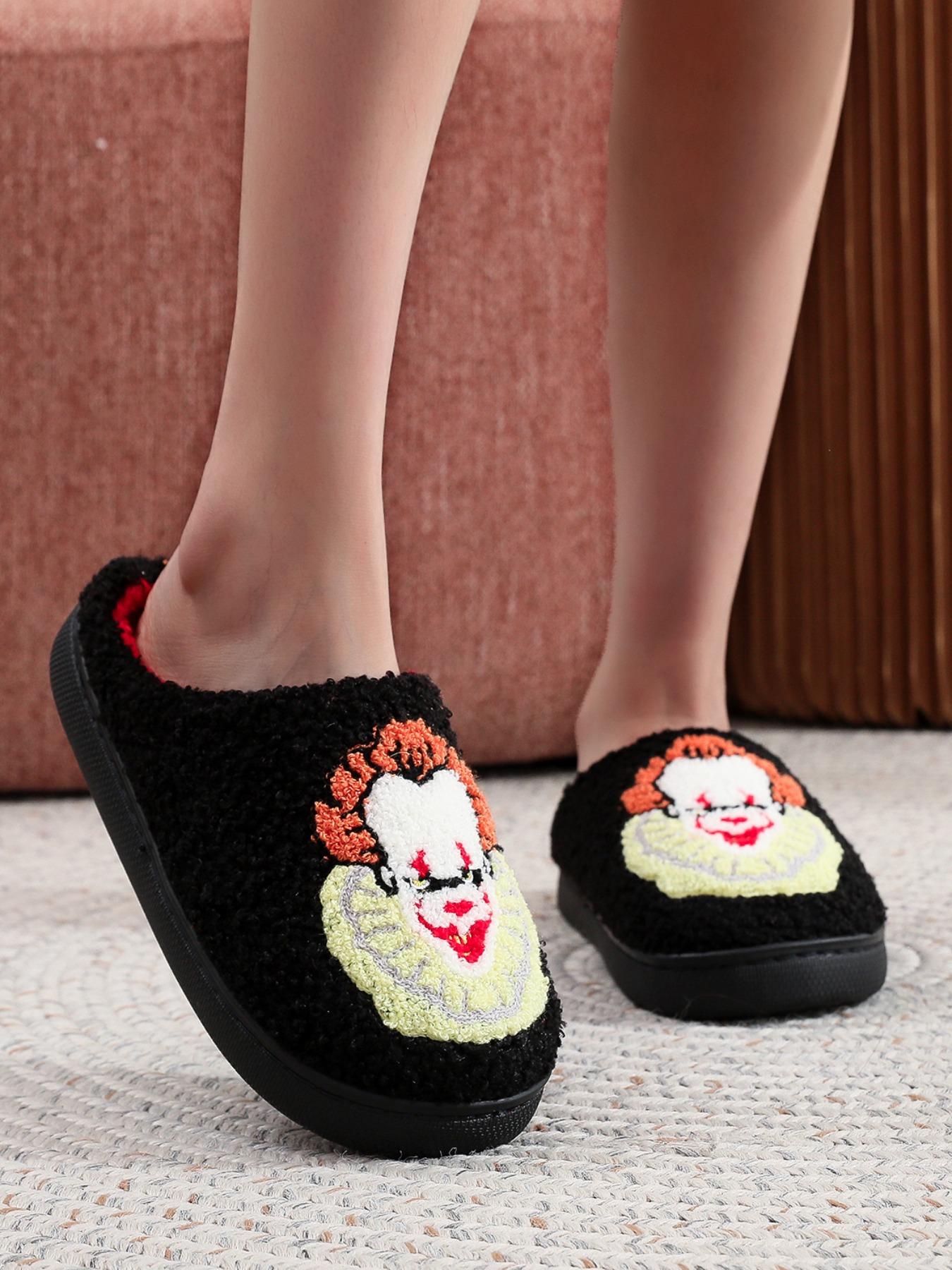 Plush Slippers with Scary Clown Embroidery, Home Slippers, Soft Comfortable Indoor Shoes for Men and Women, Perfect for Fall Halloween Gift, Footwear