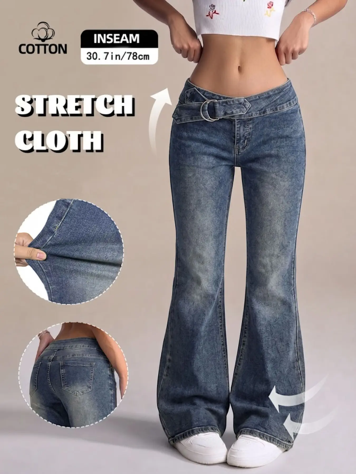 Women's Plain Basic Button Flare Leg Jeans, Slim-Fitting Denim Trousers, Casual Fashion Pockets, Long Regular Length, All Seasons