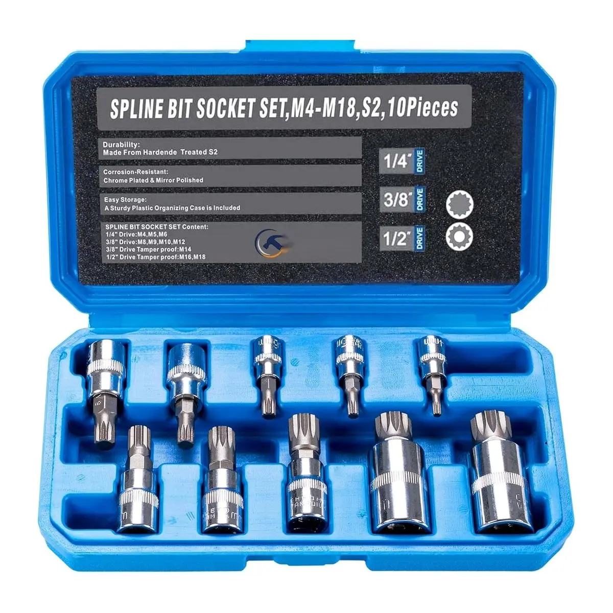 10 Pcs Square Triple Silver Spline Socket Bit Set, M4 to M18, Square Drive Sockets for Automotive and DIY Projects