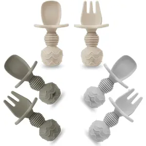 6 Pack Silicone Baby Spoons and Fork Feeding Set- Anti-Choke First Self Feeding Utensils for Baby Led Weaning Ages 3 Months (Tan,Walnut&Grey)