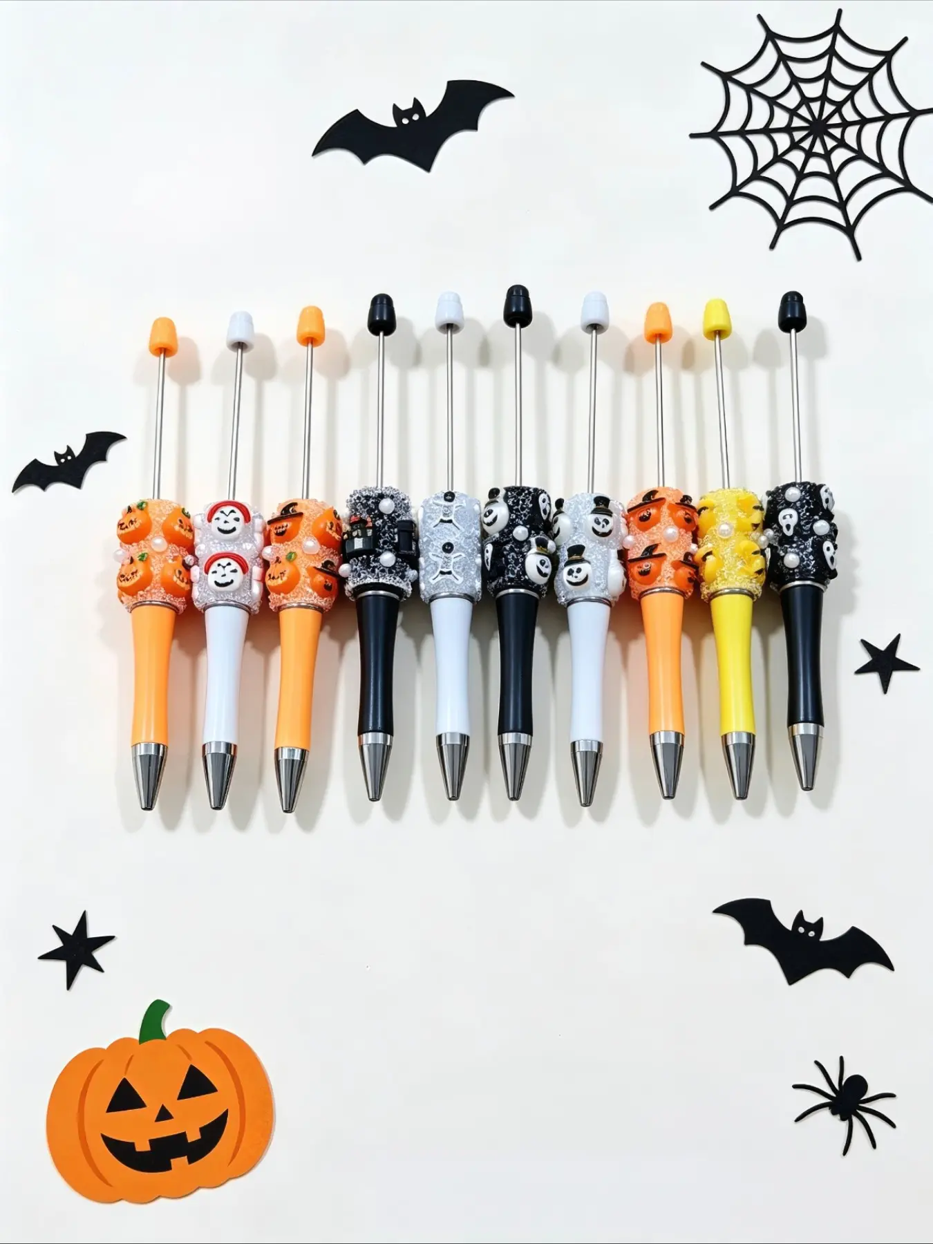 10-Pack Halloween Colorful Bead Pens, Mixed Colors, Cute Ghost Pumpkin Skull DIY Ballpoint Pens, Party Gifts, School Supplies, Gothic Decor Writing Pens