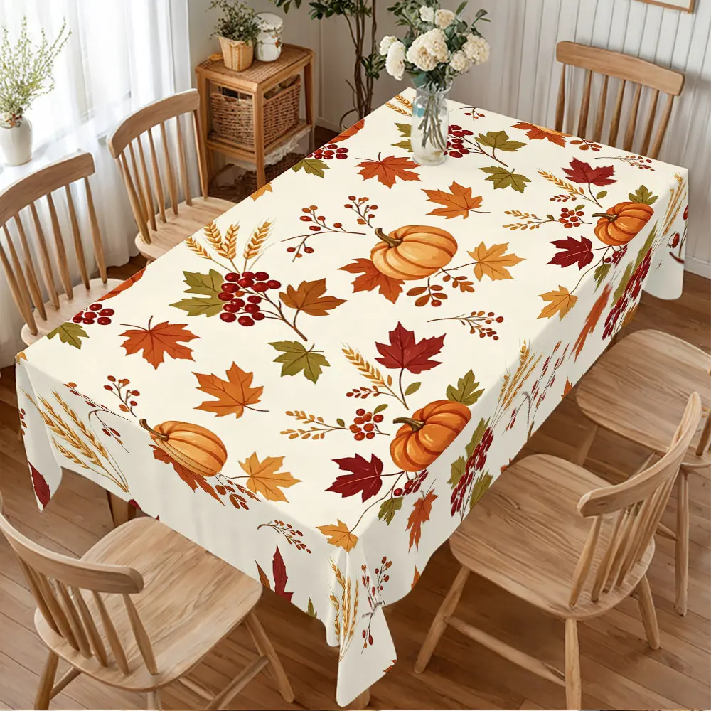 Harvest Pumpkin Tablecloth, Fall Maple Leaf Berry Wheat Branch Pattern, Table Cover for Thanksgiving Autumn Home Kitchen Dining Decor
