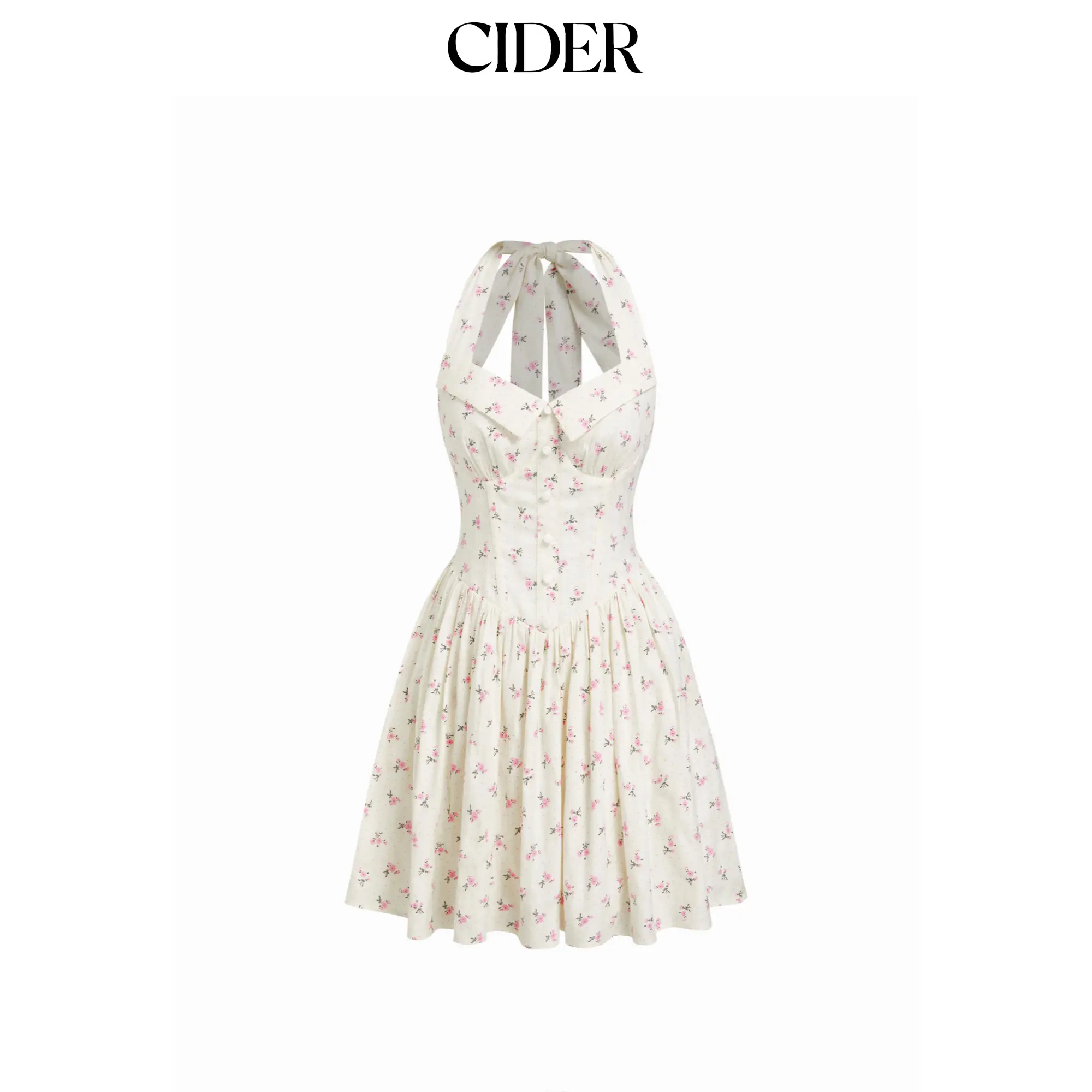 Cider Ditsy Floral Halter Neckline Ruffled A-line Mini Dress SummerFinds