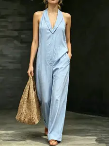 Women's Summer Beach Vacation Romper Set, Halter Sleeveless Wide Leg Pants, Breathable Casual Travel, European and American Style