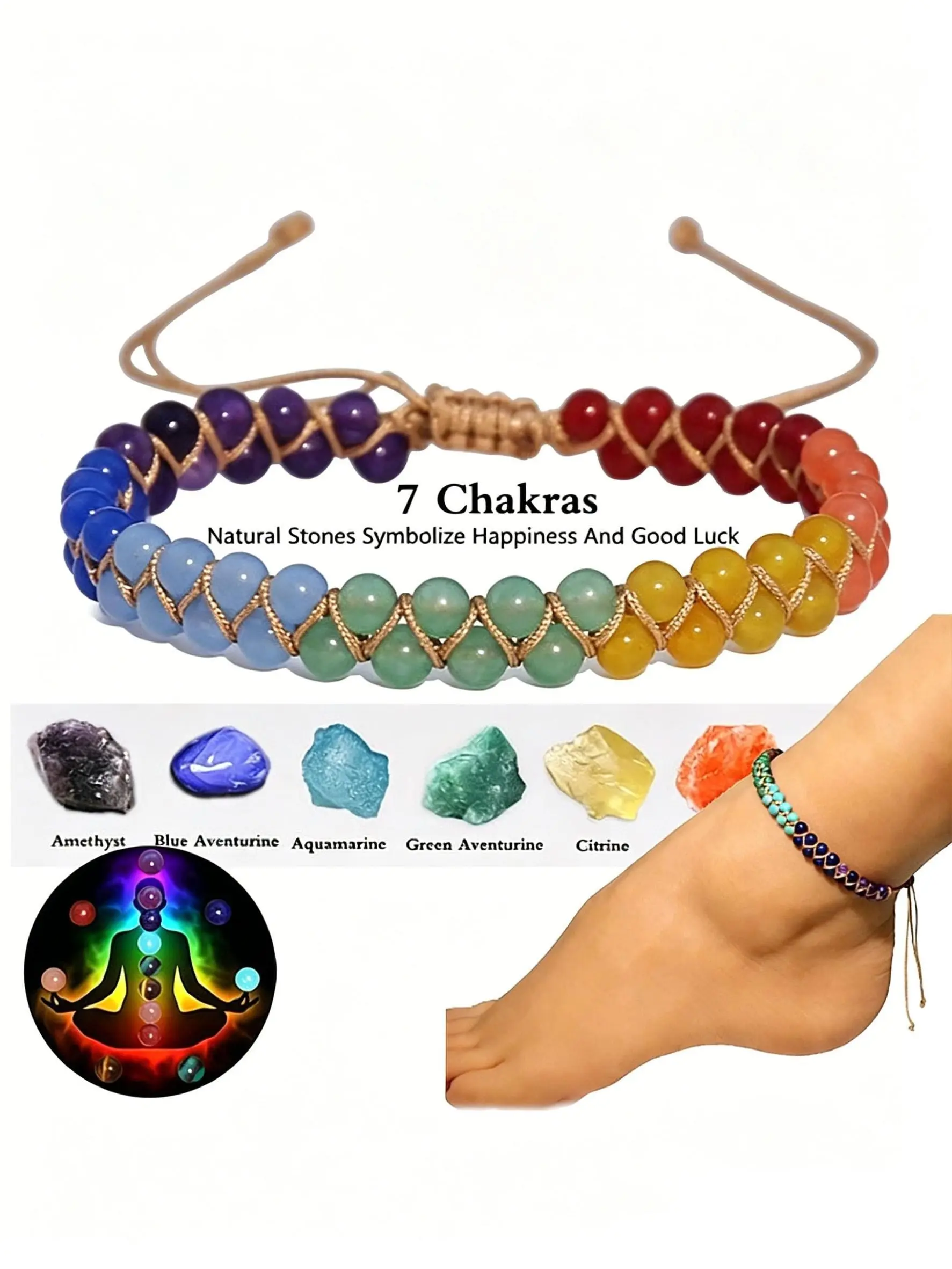 7 Chakra Natural Stone Anklet, Healing Crystal Anklet for Chakra Balancing, Adjustable Braided Beaded Ankle Bracelet, Yoga & Meditation Jewelry