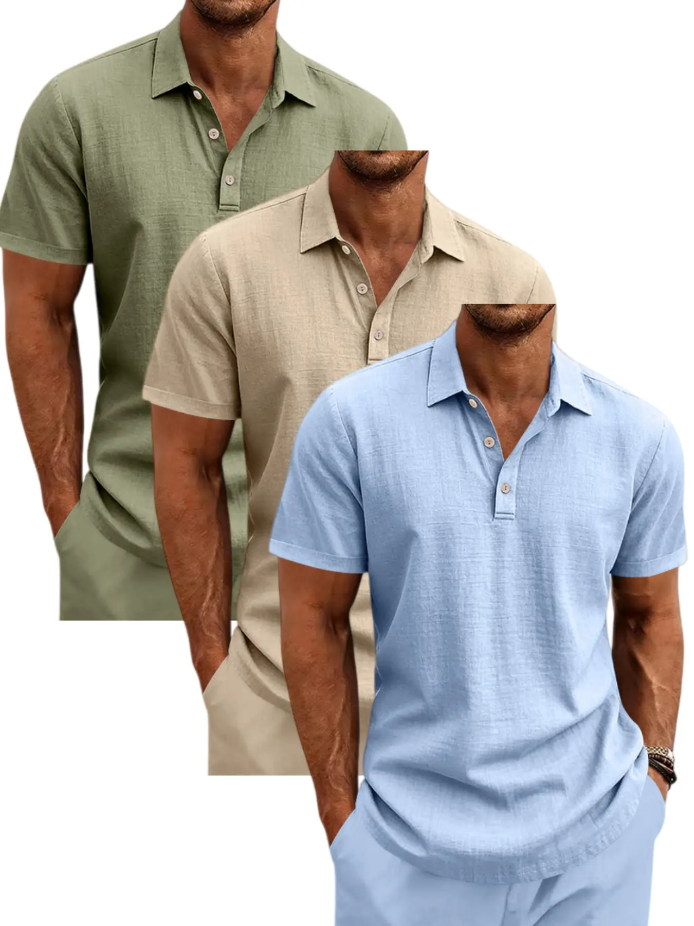 Men's Linen Collared Three-Button Short Sleeve Polo Top, Summer Breathable Casual Solid Polo Shirt Set, 3-Piece Pack for Commute and Vacation